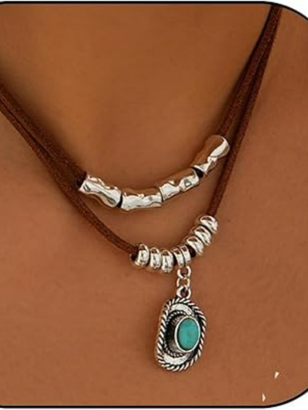New - Boho Western Cowgirl Necklace Layered Hat Necklace with Turquoise Silver